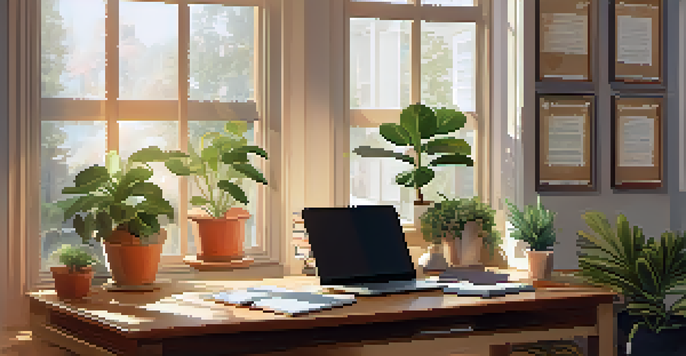 A cozy study area with a wooden desk, laptop, potted plants, and sunlight coming through a window, creating an inspiring learning atmosphere.