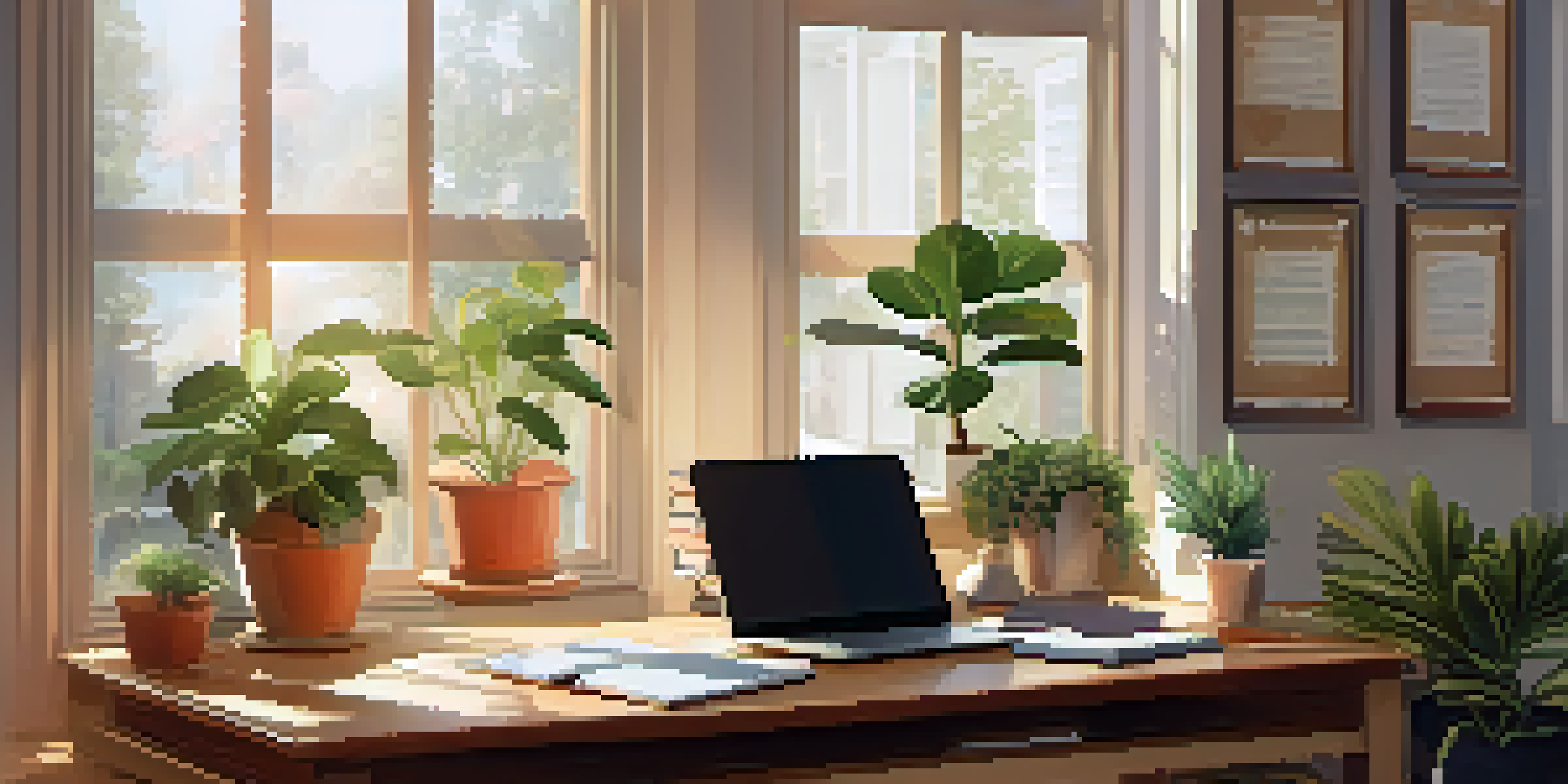 A cozy study area with a wooden desk, laptop, potted plants, and sunlight coming through a window, creating an inspiring learning atmosphere.