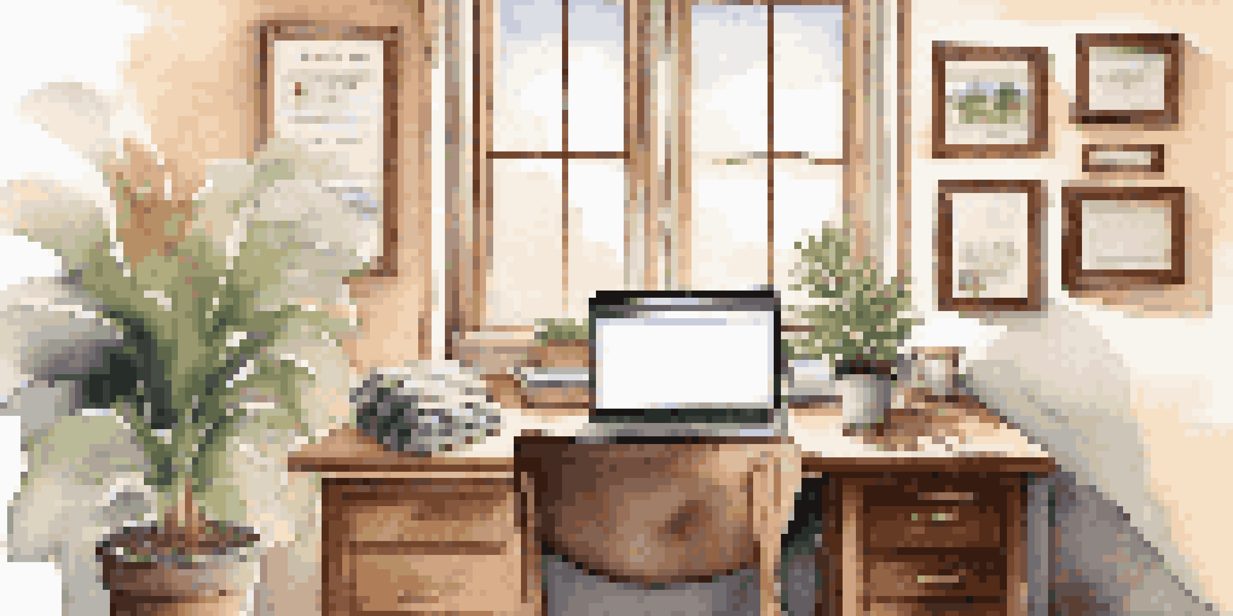 A cozy office environment with a wooden desk, laptop, coffee cup, and plants, illuminated by warm light.