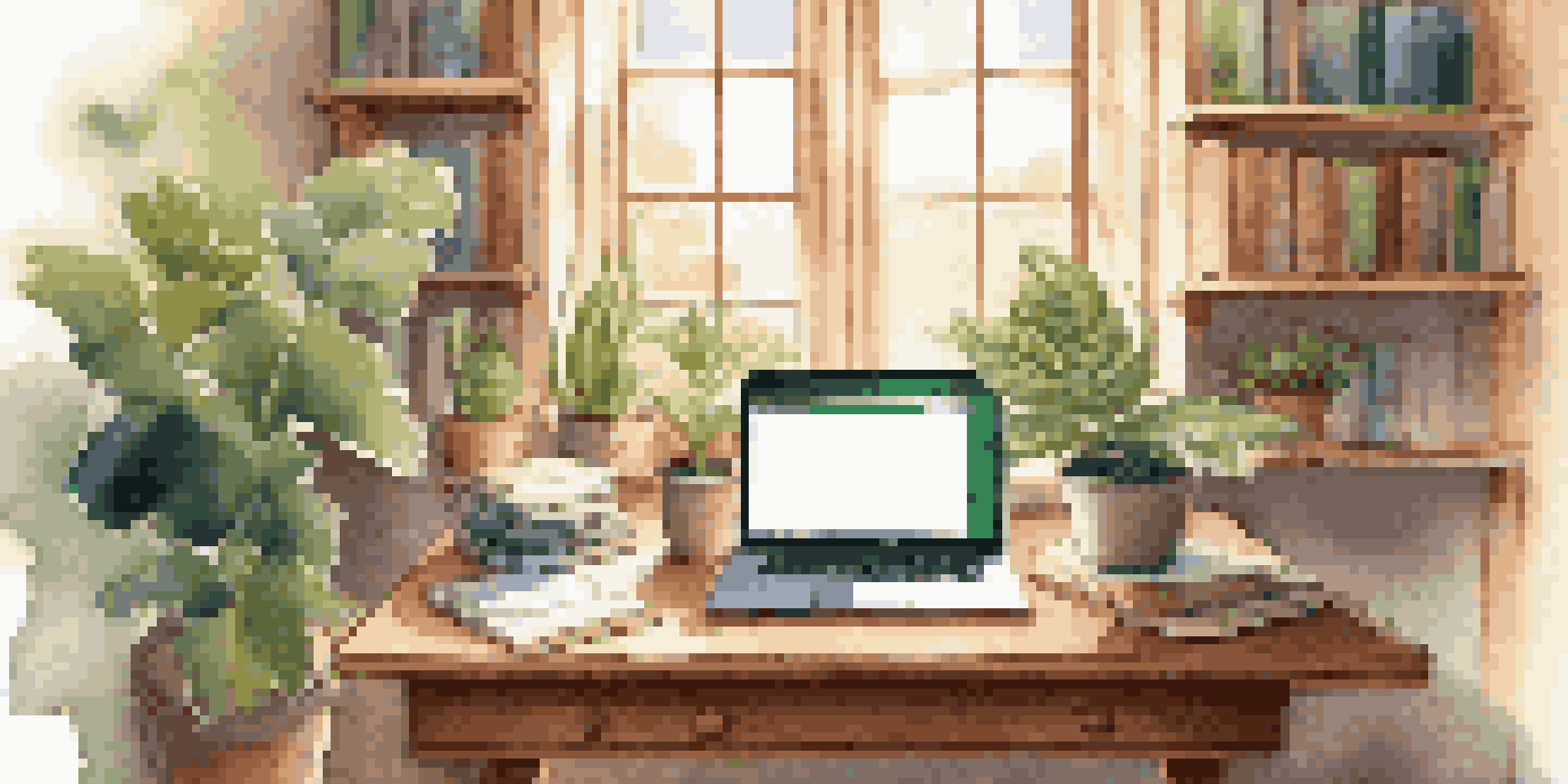 A peaceful workspace featuring a wooden desk with a laptop, books, and a plant, illuminated by morning sunlight.