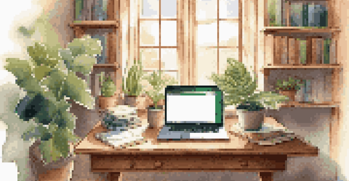 A peaceful workspace featuring a wooden desk with a laptop, books, and a plant, illuminated by morning sunlight.