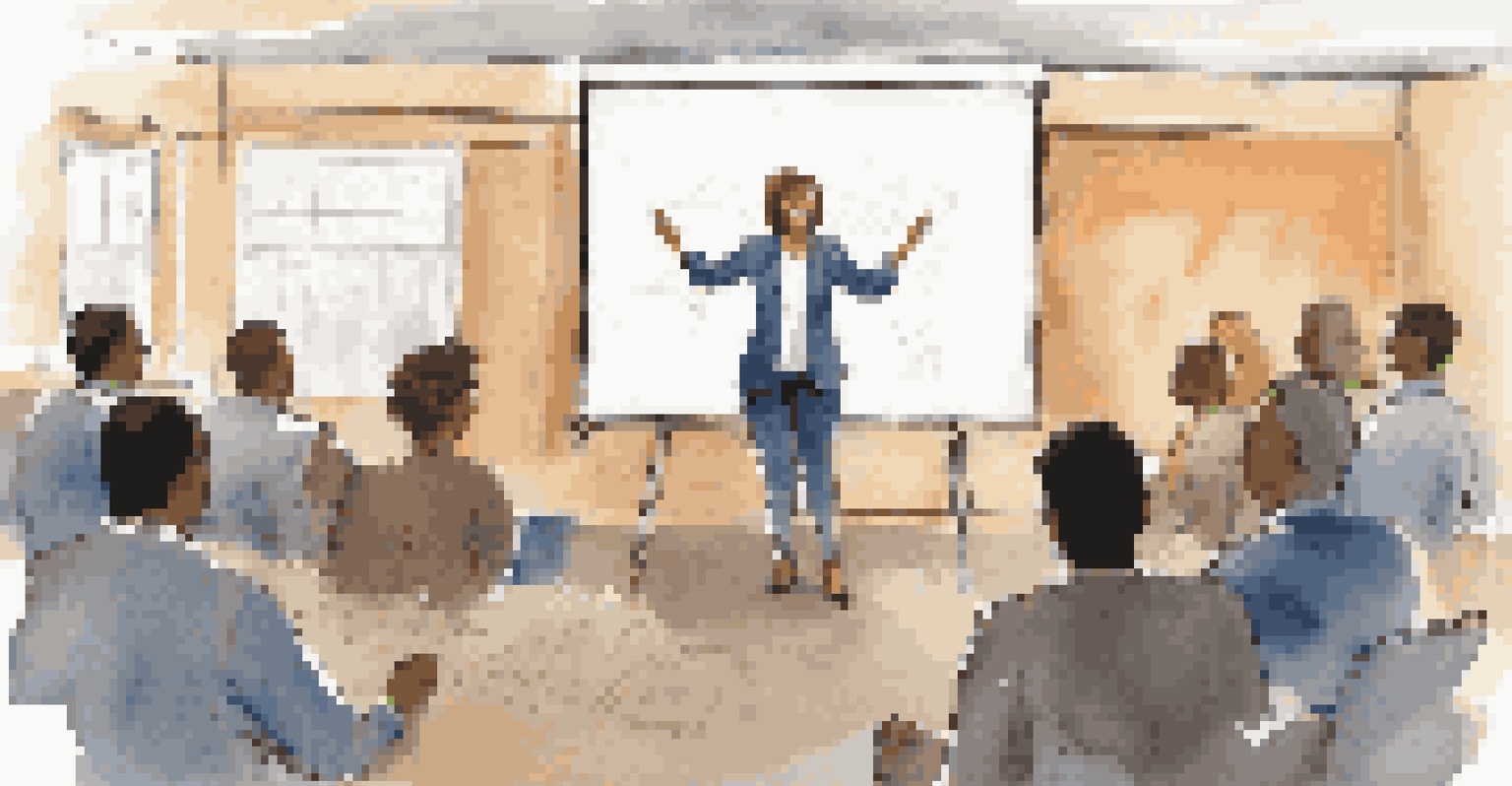 A confident leader addressing an engaged team, with a presentation screen showing team goals.