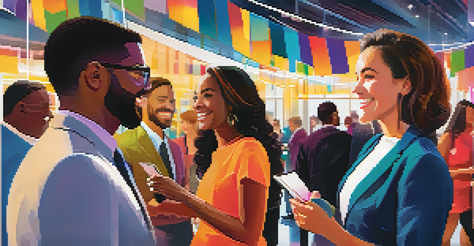 A diverse group of professionals networking at an industry event, smiling and exchanging business cards in a vibrant setting.