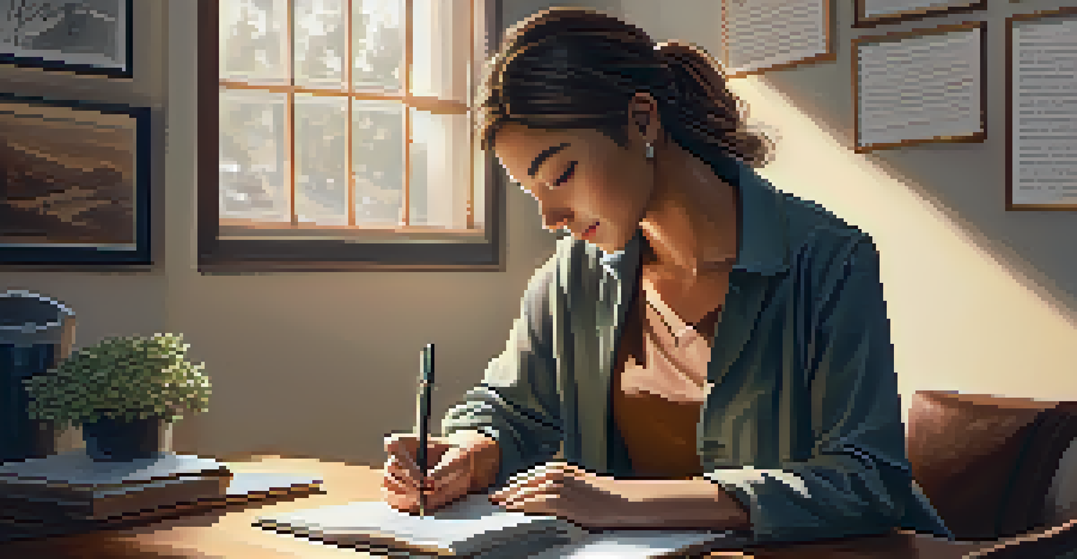 A close-up of a person journaling in a cozy office corner, focusing on self-reflection.