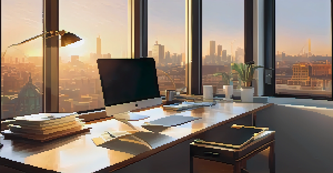 A cozy office space with a sunset view, featuring a desk with a laptop and coffee cup.
