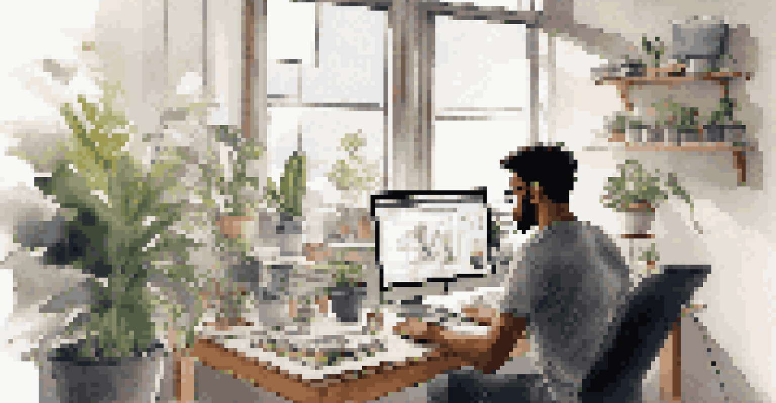A graphic designer at a computer, with a time-lapse design process on the screen, surrounded by design sketches and a cozy workspace with natural light.