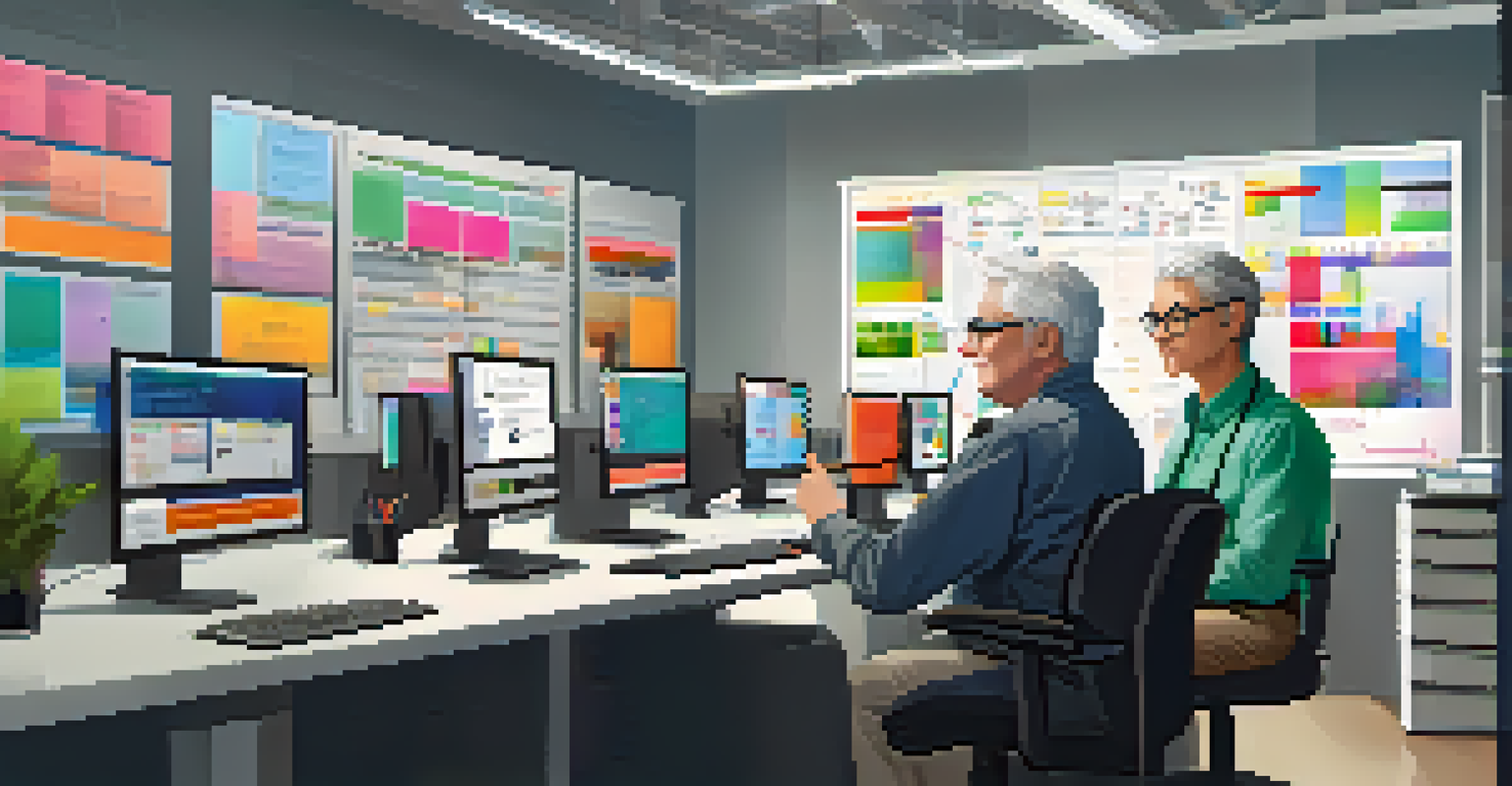 An older employee mentoring a younger colleague at a computer, showcasing collaboration and knowledge sharing in the workplace.