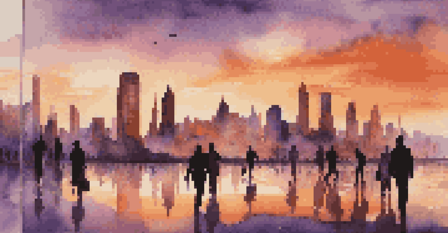 A vibrant city skyline at sunset with people walking in the foreground, showcasing the beauty of opportunities in a new country.