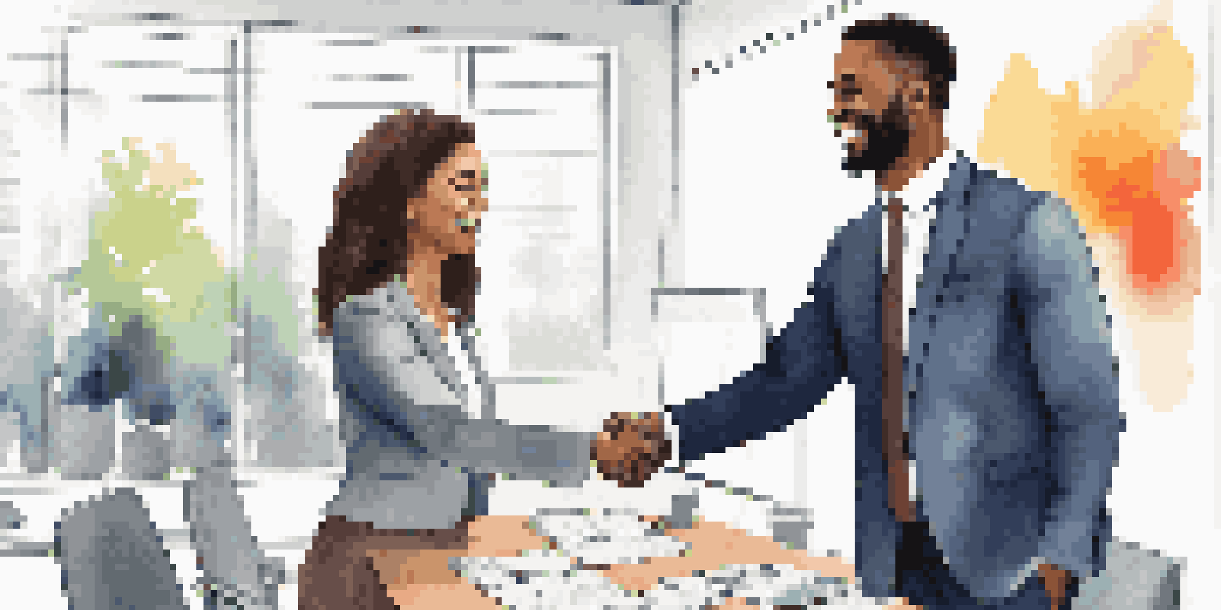 A confident individual shaking hands with an employer in a modern office.