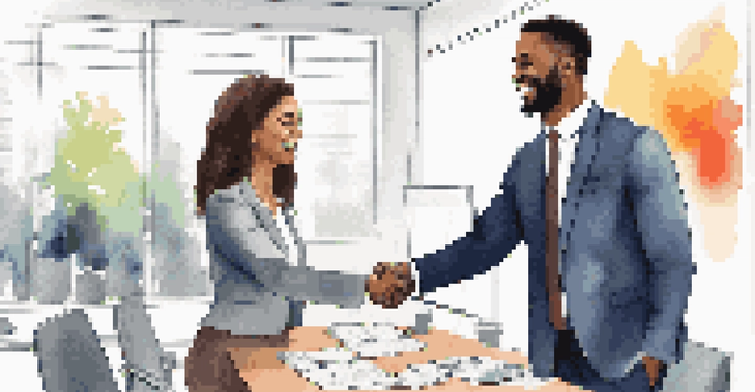 A confident individual shaking hands with an employer in a modern office.