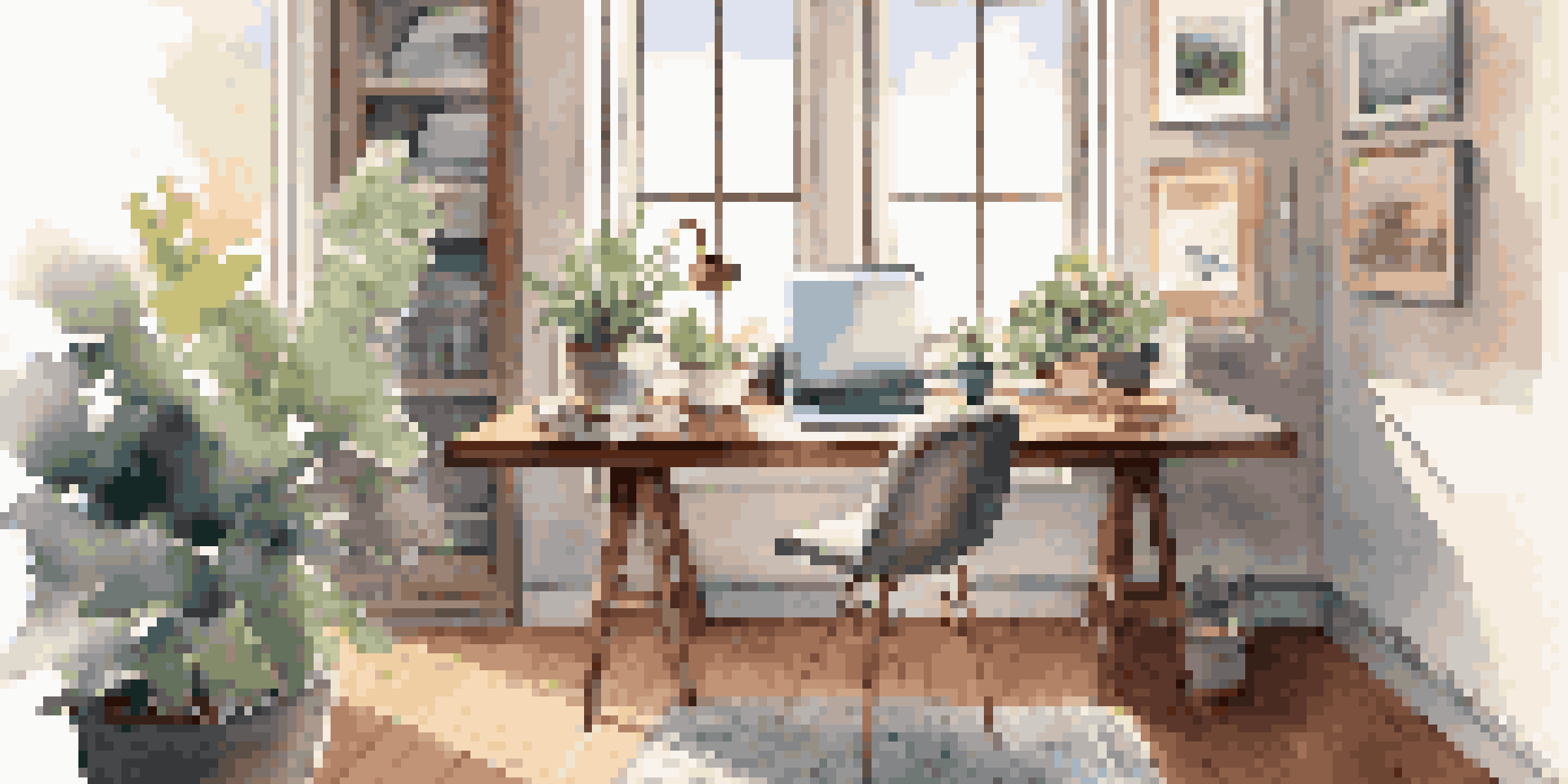 A well-lit home office with a desk, laptop, potted plant, and motivational artwork on the walls.