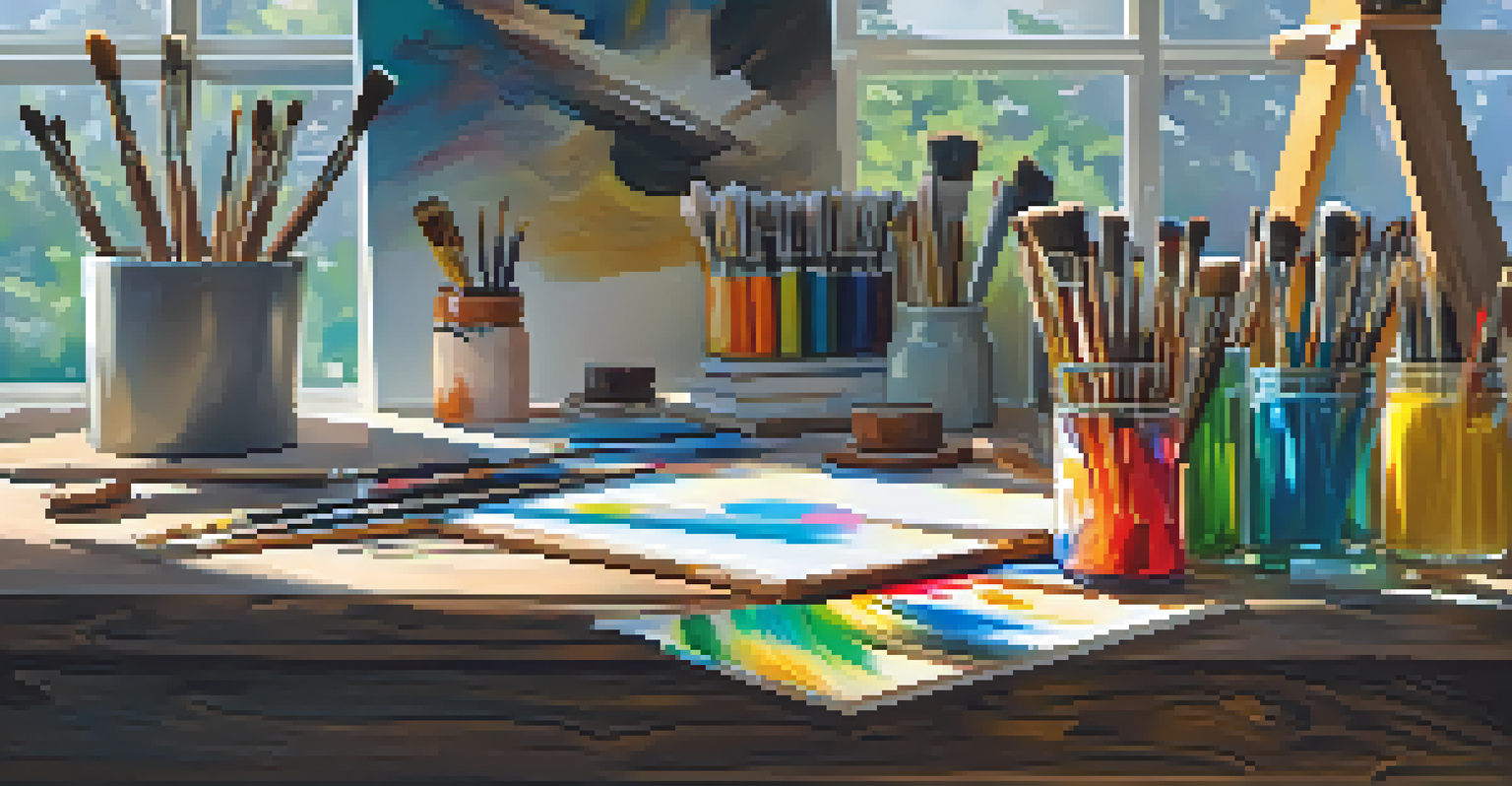 An artist's workspace with an easel and a colorful portfolio on a wooden table, illuminated by soft sunlight.