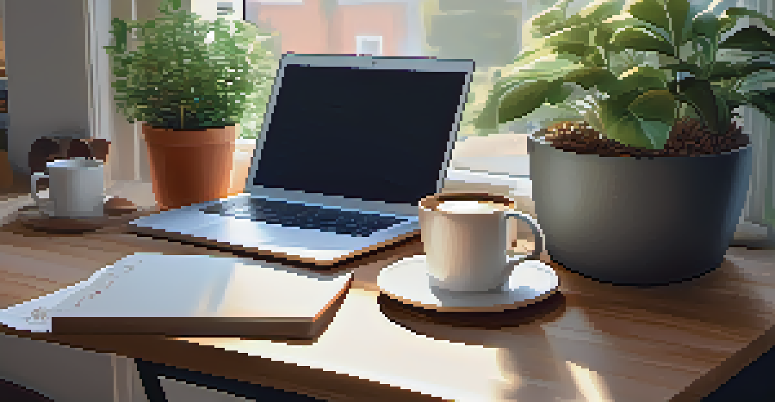 A cozy coffee corner in a workspace, with a steaming cup of coffee and sunlight filtering through potted plants.