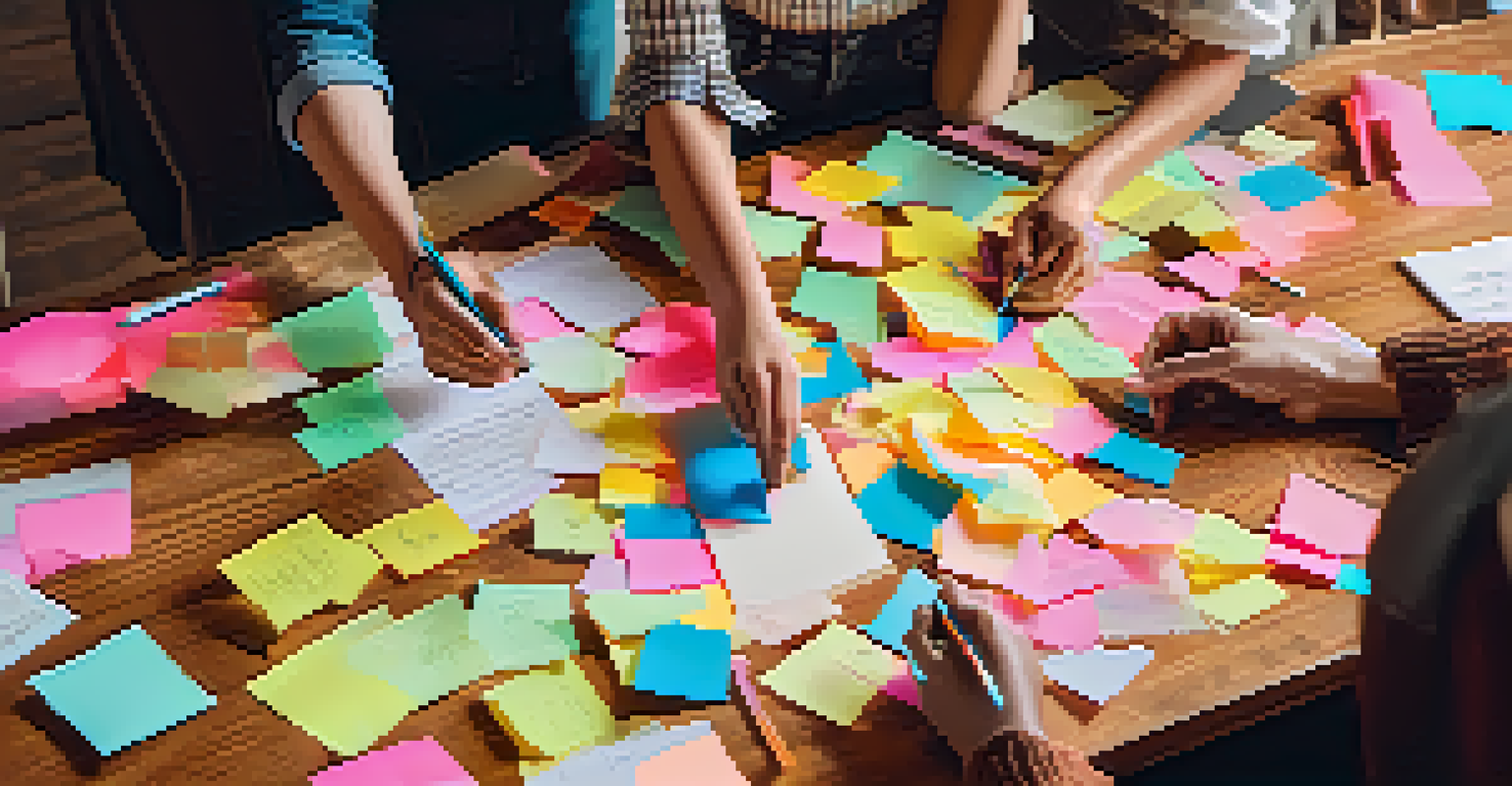Close-up of diverse hands writing feedback on colorful sticky notes during a brainstorming session.