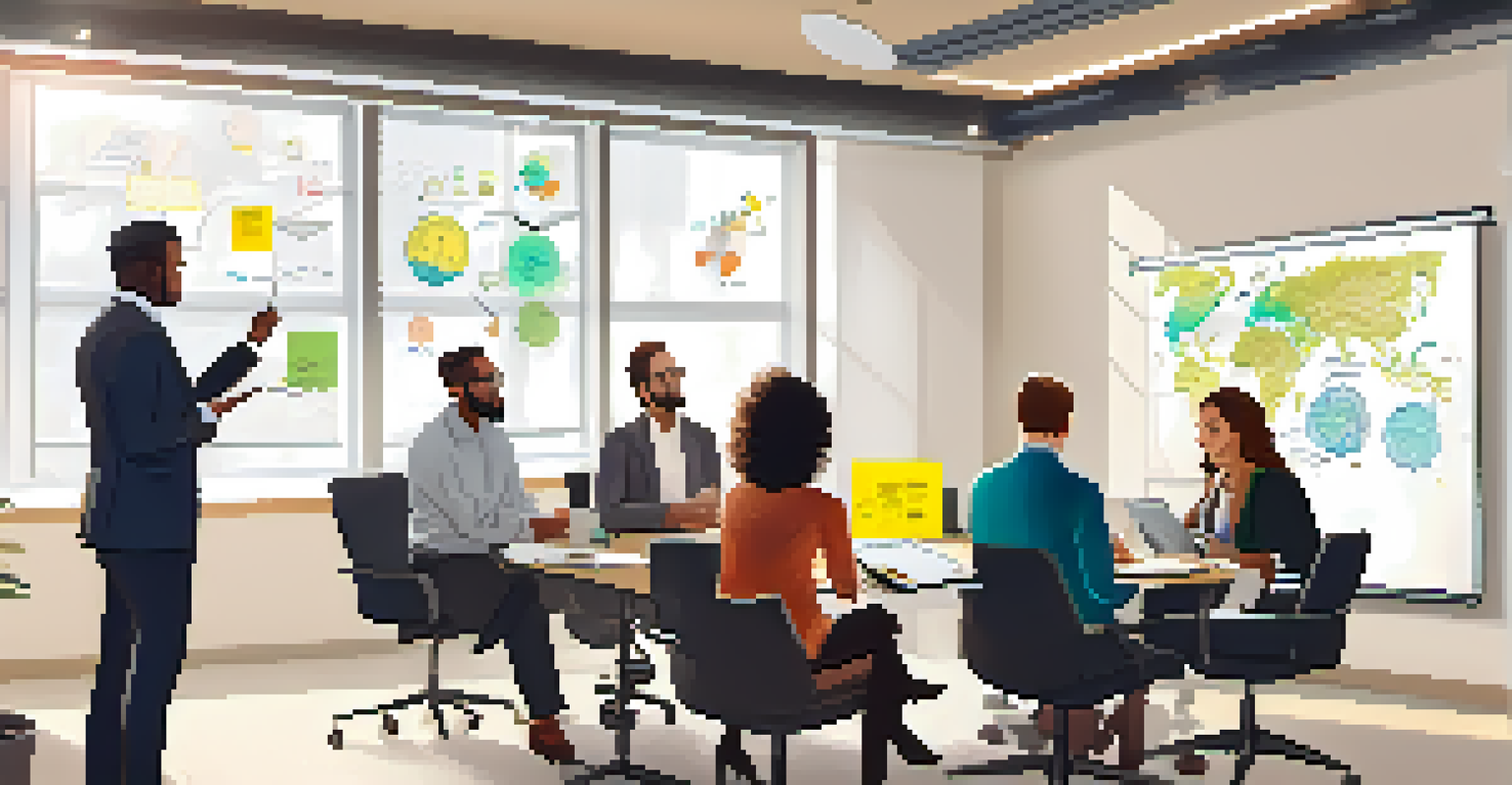 A diverse team brainstorming around a conference table with sticky notes and a whiteboard.