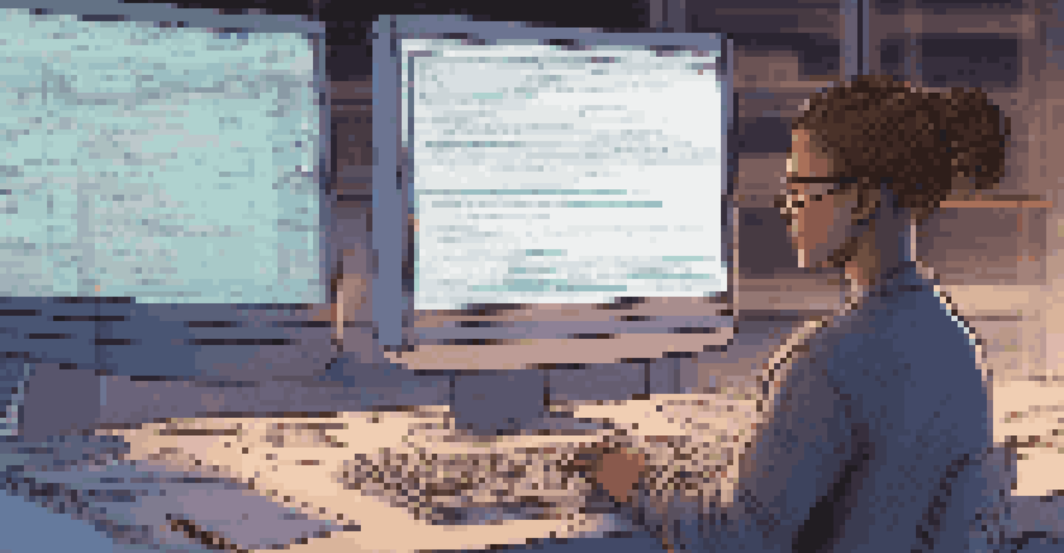 Close-up of a computer screen with code, showing a person coding in a dimly lit environment with notes and a coffee cup.