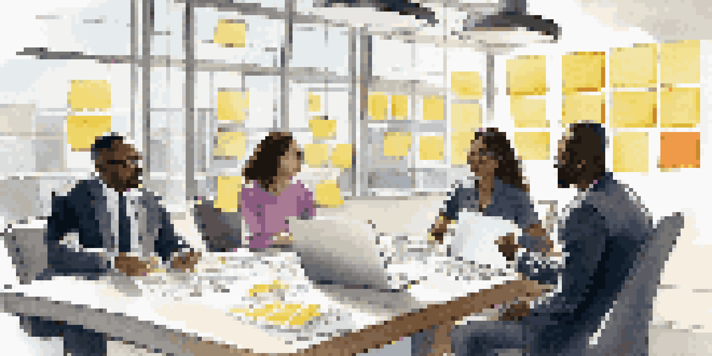 A diverse group of professionals having a collaborative discussion at a conference table with colorful post-it notes and laptops, illuminated by natural light.
