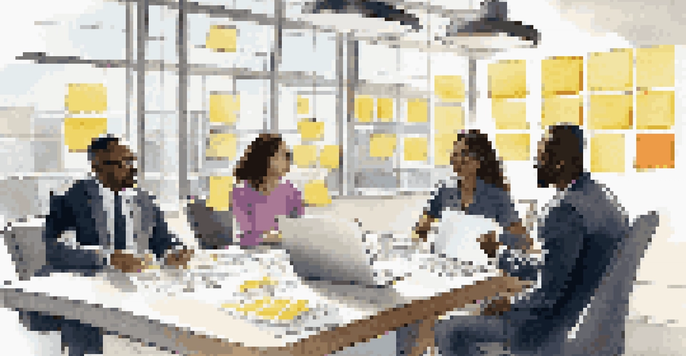 A diverse group of professionals having a collaborative discussion at a conference table with colorful post-it notes and laptops, illuminated by natural light.