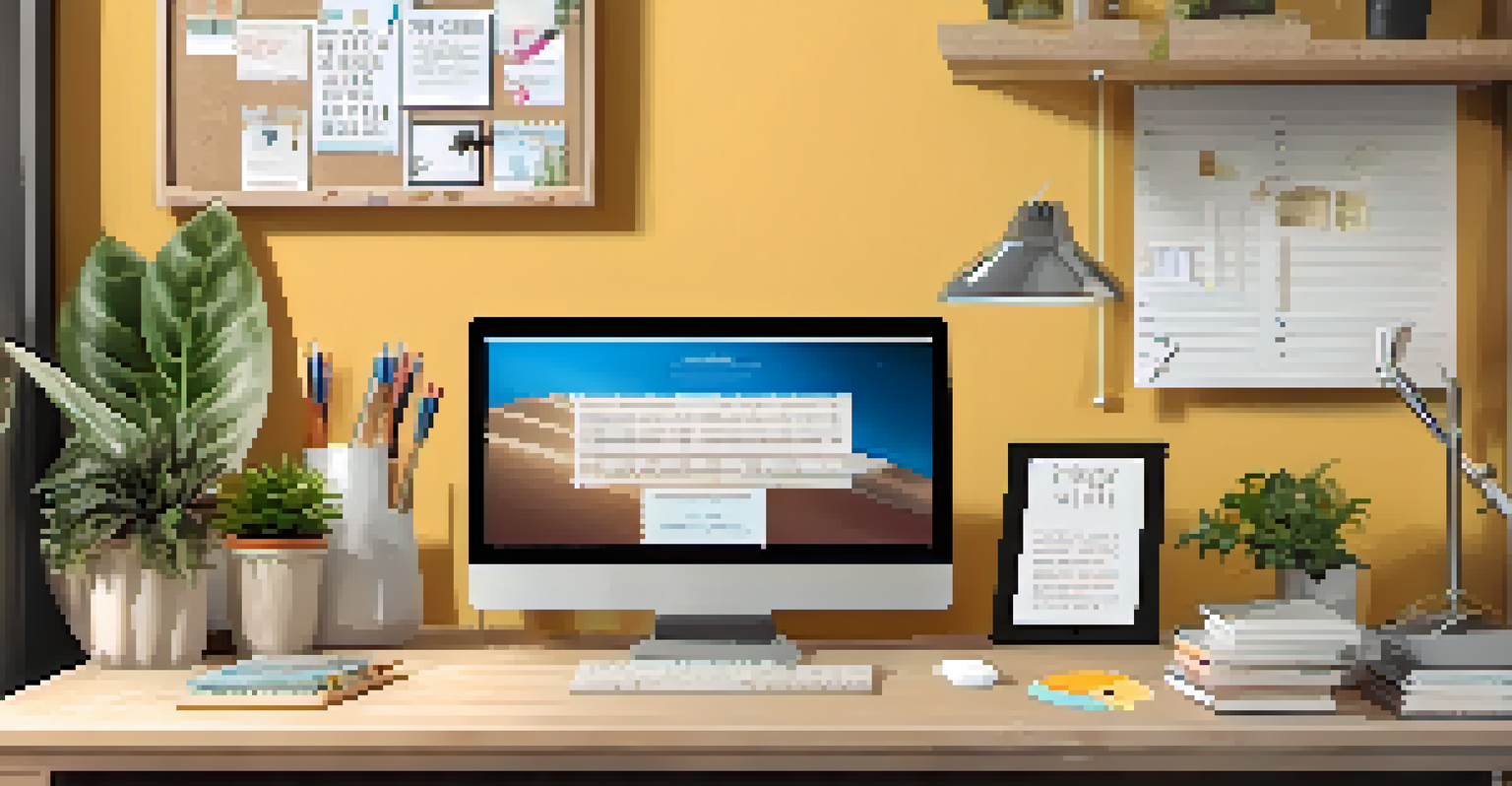 A corkboard with pinned goals and motivational quotes above a desk with a laptop and coffee cup in a well-lit workspace.