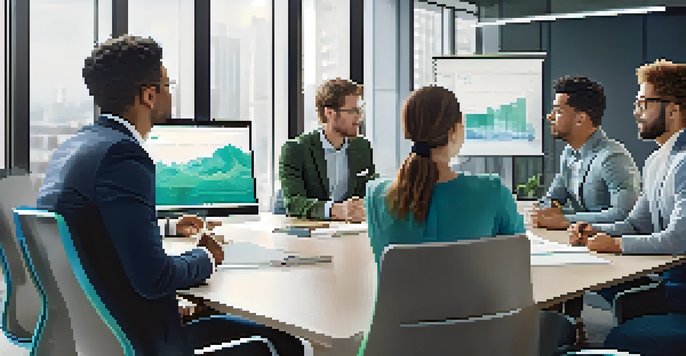 A group of diverse young professionals collaborating in a bright office meeting room, discussing ideas around a conference table.