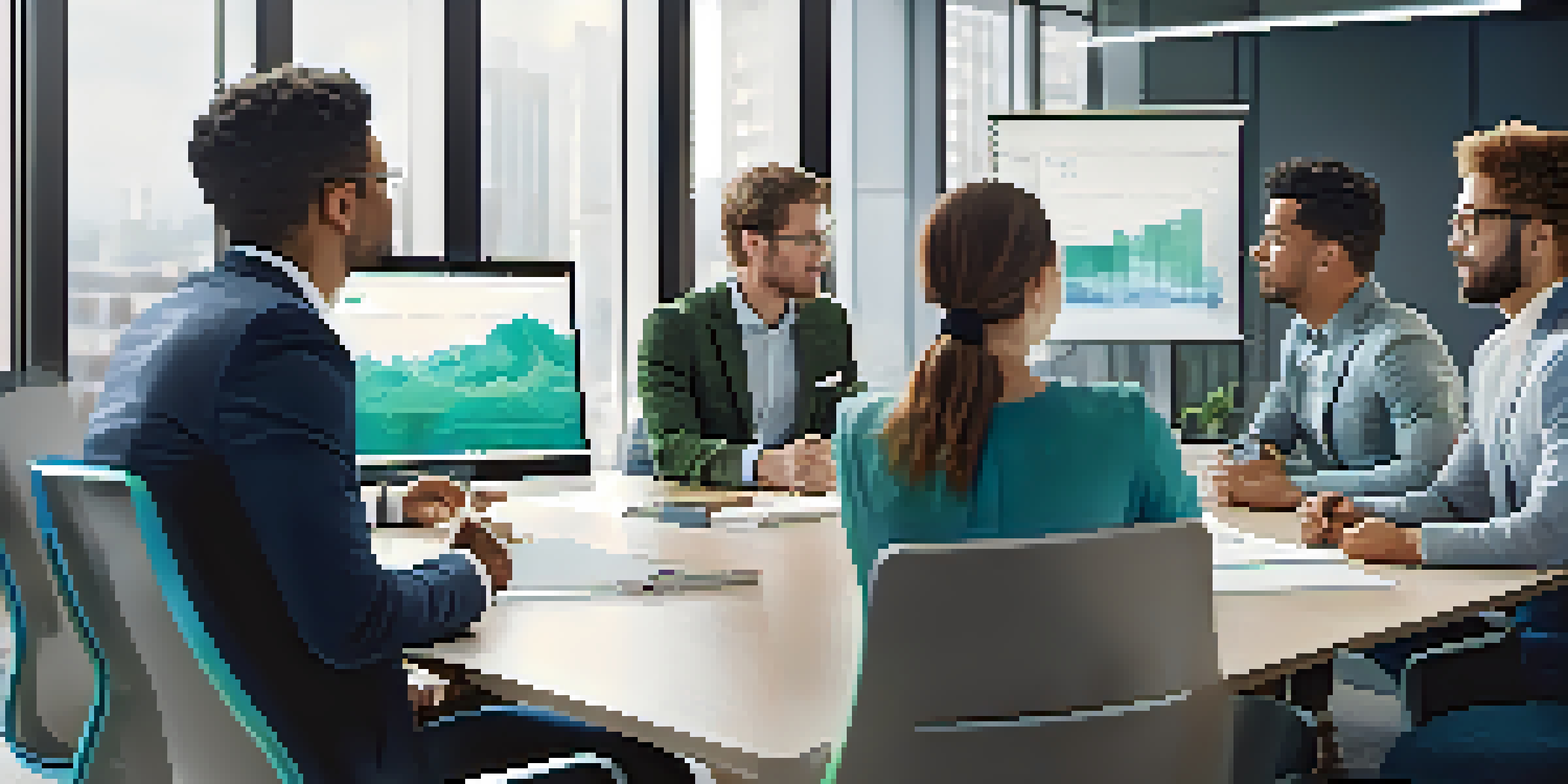 A group of diverse young professionals collaborating in a bright office meeting room, discussing ideas around a conference table.