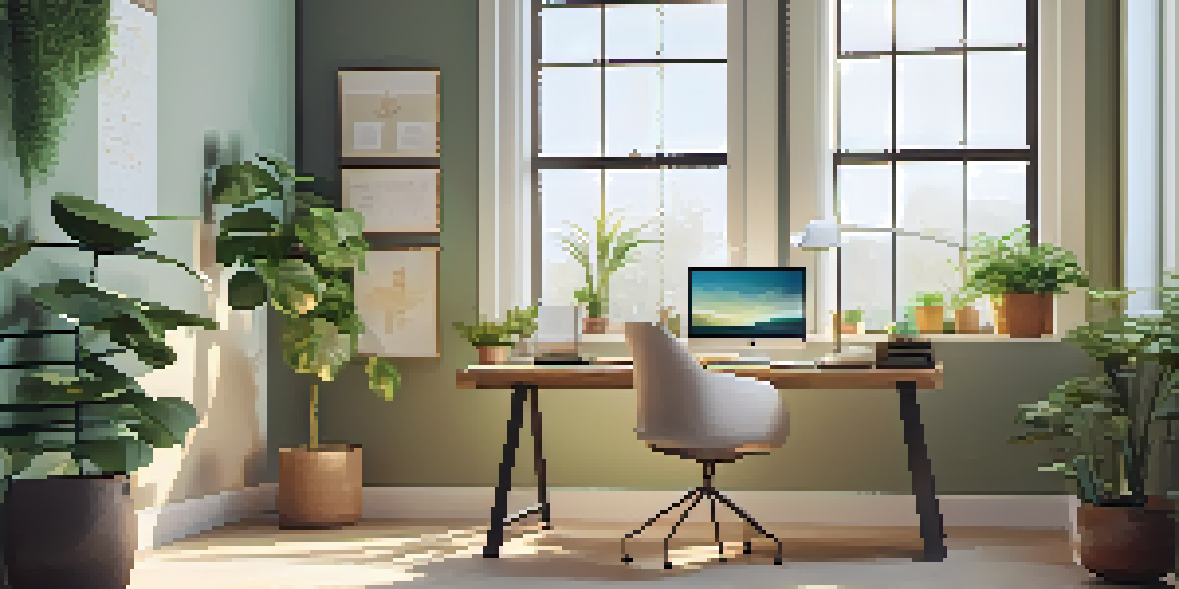 A modern office workspace with a desk, laptop, plants, and a motivational quote, illuminated by soft morning light.