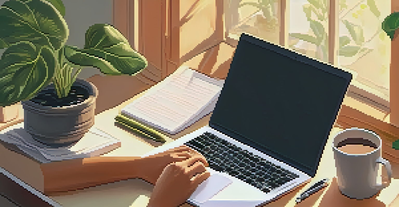 Close-up of hands typing on a laptop with a notepad and a plant in the background, illuminated by warm lamp light.