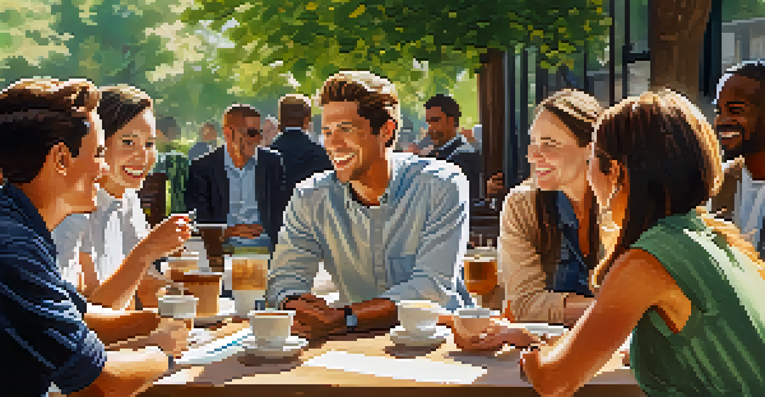 A diverse group of professionals having a friendly negotiation discussion at an outdoor coffee shop.