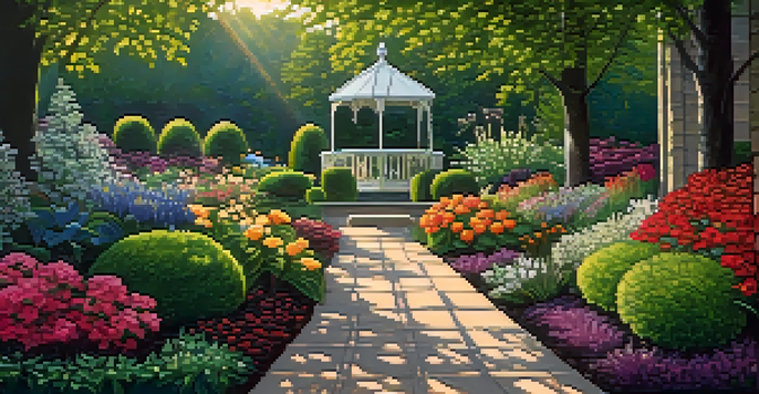A garden divided into two sections, one side filled with colorful flowers symbolizing work, and the other side showing dark soil with gardening tools representing personal development.