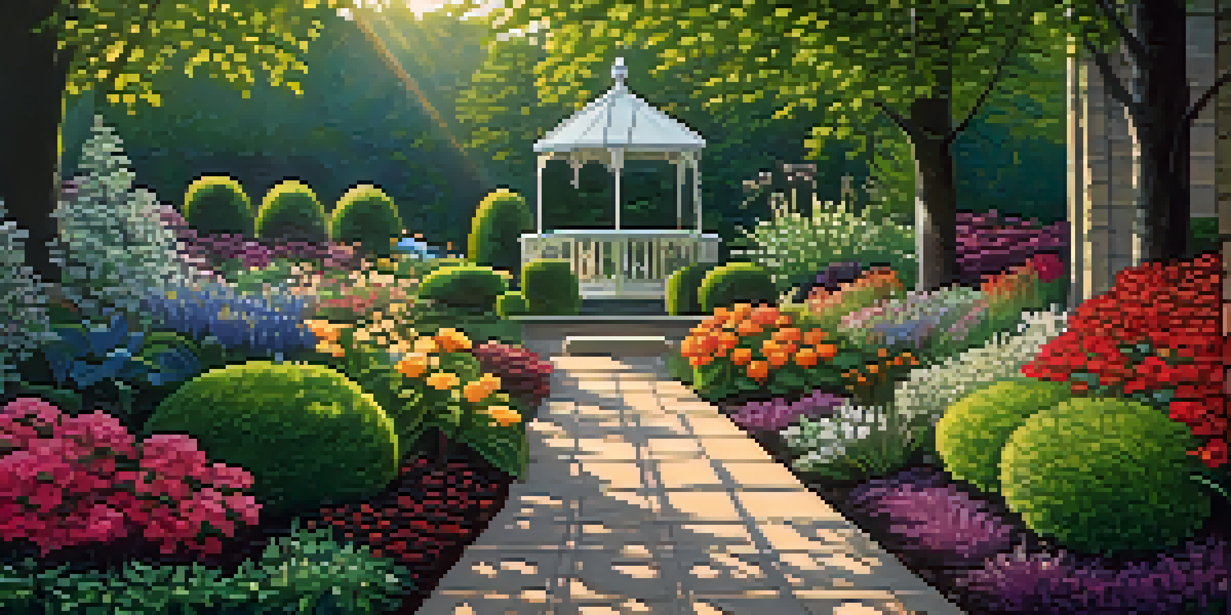 A garden divided into two sections, one side filled with colorful flowers symbolizing work, and the other side showing dark soil with gardening tools representing personal development.