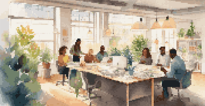 A diverse group of professionals collaborating in a bright office, showcasing positivity and teamwork.