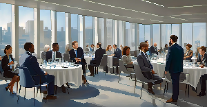 A diverse group of professionals networking in a modern conference room filled with natural light.