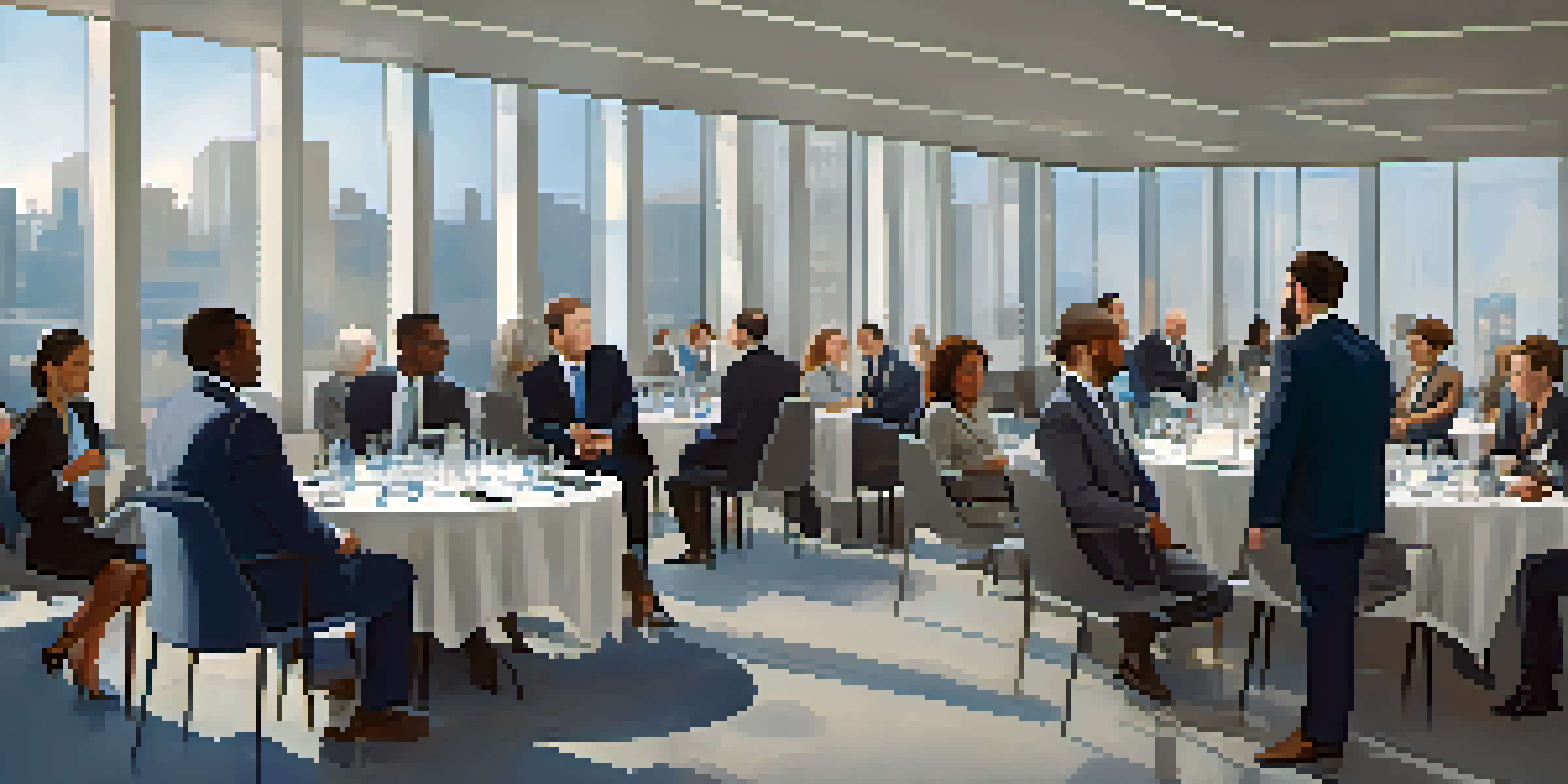A diverse group of professionals networking in a modern conference room filled with natural light.