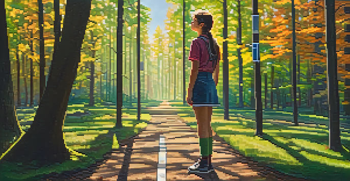 A young person at a forest crossroads with signposts indicating different career paths, illuminated by sunlight.