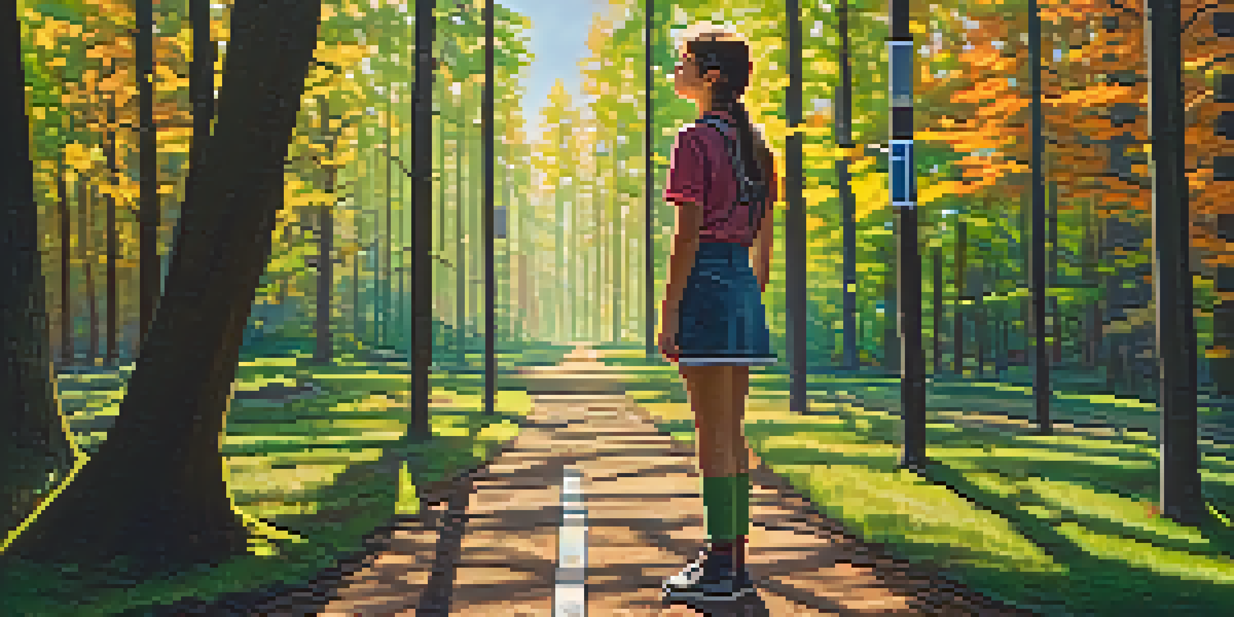 A young person at a forest crossroads with signposts indicating different career paths, illuminated by sunlight.