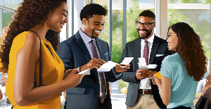 A diverse group of professionals networking at a bright and modern event, smiling and engaging with each other.