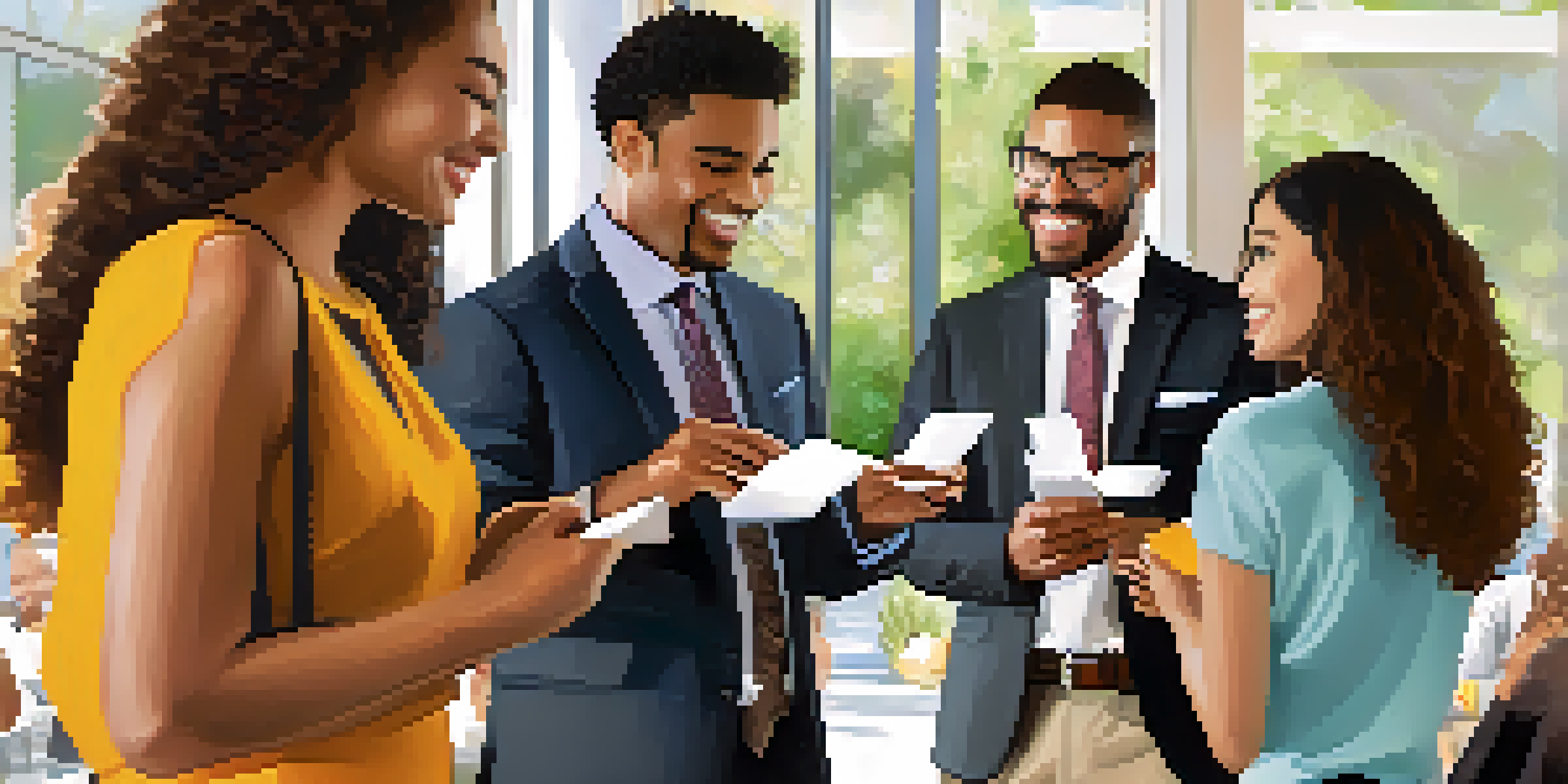 A diverse group of professionals networking at a bright and modern event, smiling and engaging with each other.