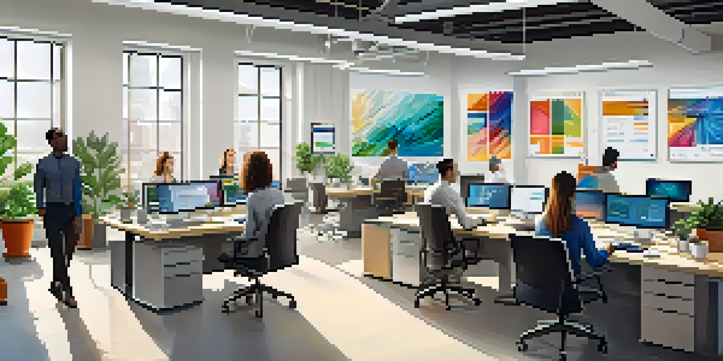 A diverse group of professionals working together in a modern office, surrounded by laptops and charts, with bright natural lighting and greenery.