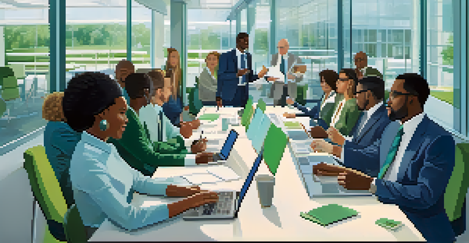 A diverse group of employees having a discussion in a modern conference room with notebooks and laptops.