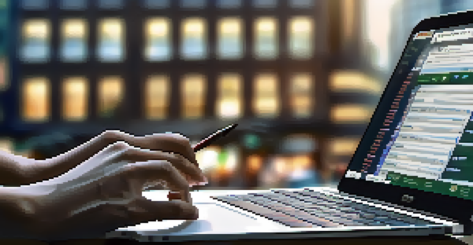 Close-up of hands typing on a laptop, with a notepad and smartphone displaying stock market data, against a blurred city backdrop.