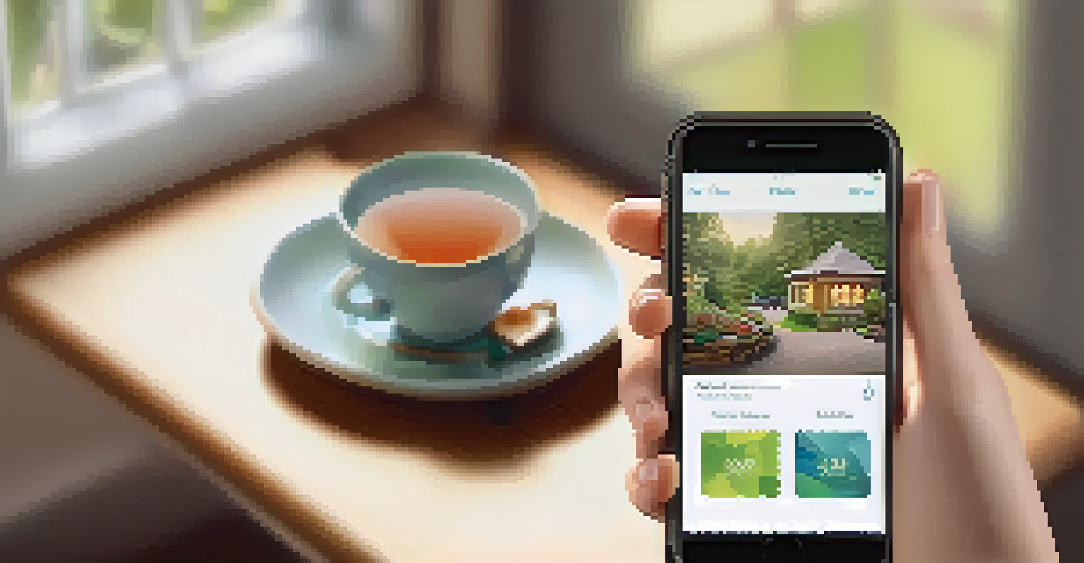 A hand holding a smartphone with a wellness app in a cozy home setting, featuring tea and soft lighting.