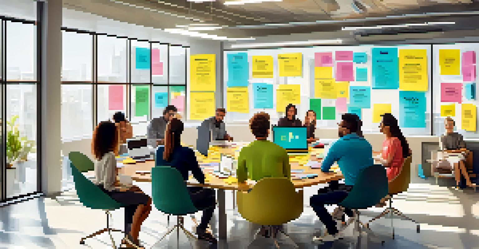 A diverse group of professionals brainstorming together around a table filled with sticky notes and laptops in a bright room.