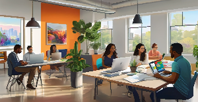 A diverse group of employees collaborating in a bright office space around a round table, with laptops and documents, surrounded by plants and colorful artwork.