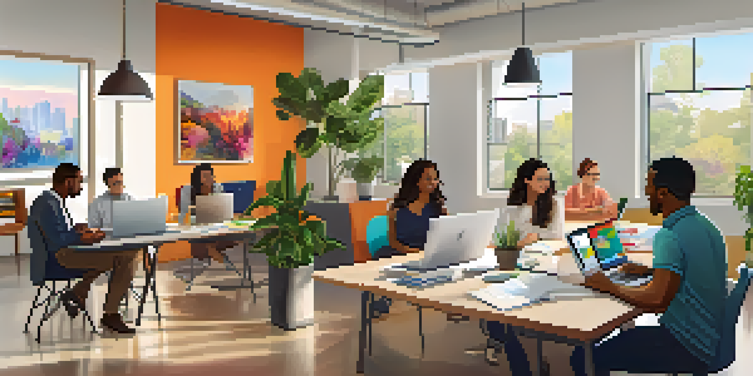 A diverse group of employees collaborating in a bright office space around a round table, with laptops and documents, surrounded by plants and colorful artwork.