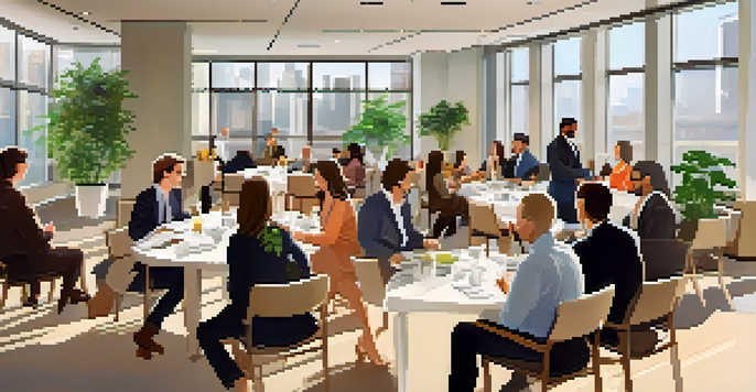 A diverse group of professionals networking in a bright conference room filled with plants and modern furniture.