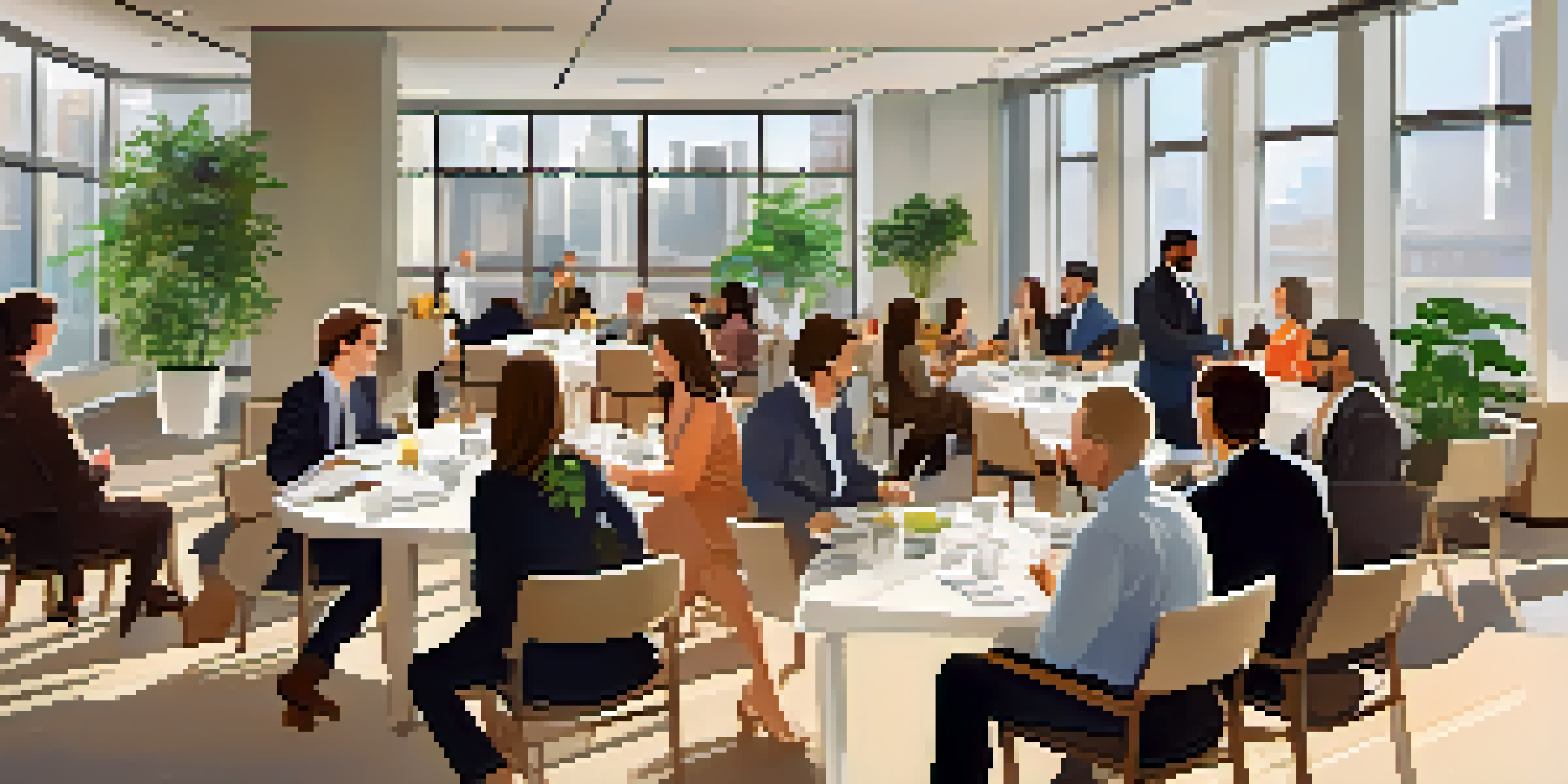 A diverse group of professionals networking in a bright conference room filled with plants and modern furniture.