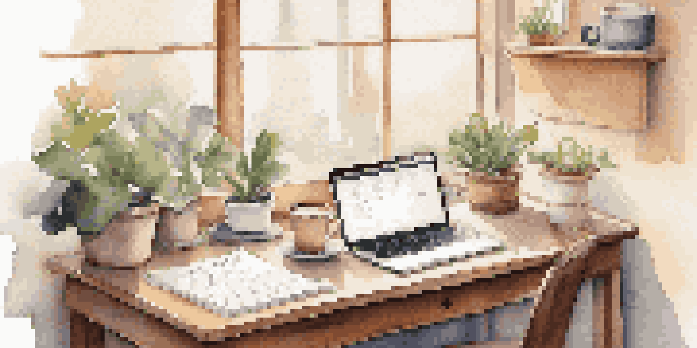 A cozy workspace with a wooden desk, an open laptop displaying a job application, motivational quotes on a corkboard, a cup of coffee, and a potted plant, illuminated by warm natural light.