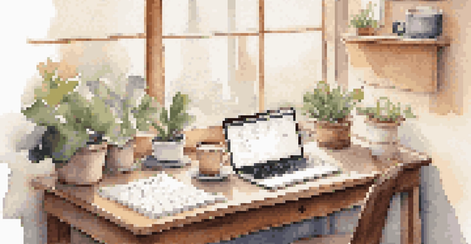 A cozy workspace with a wooden desk, an open laptop displaying a job application, motivational quotes on a corkboard, a cup of coffee, and a potted plant, illuminated by warm natural light.