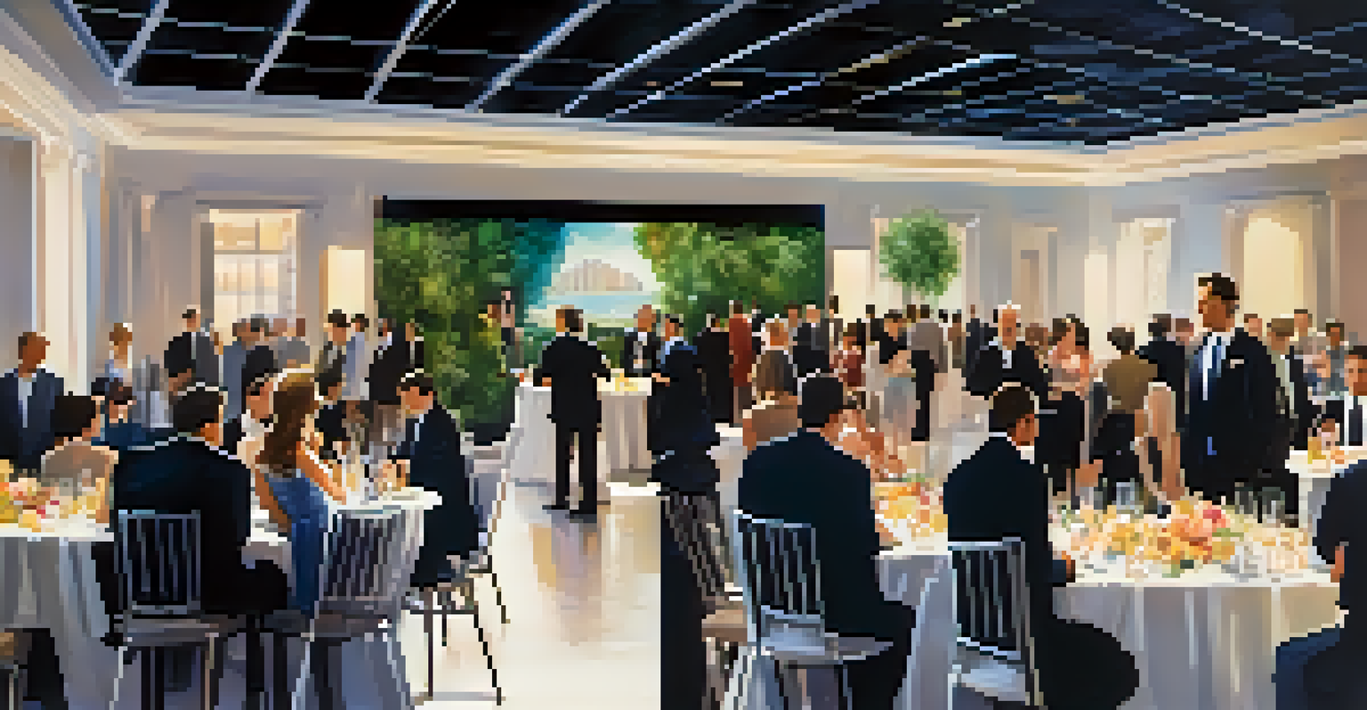 Professionals networking at a modern conference event, engaging in conversation.
