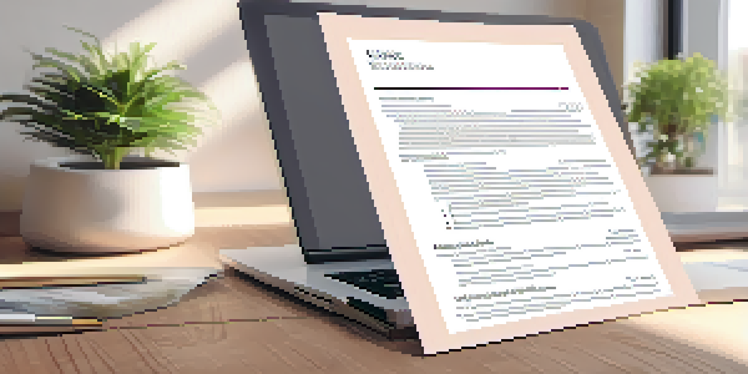A visually appealing resume on a wooden desk, accompanied by a laptop and a potted plant, showcasing pastel colors and a clean design.